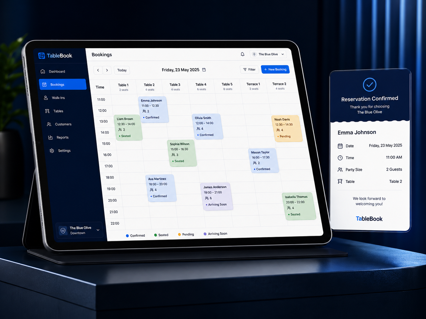 TableBook booking dashboard and mobile booking form mockup